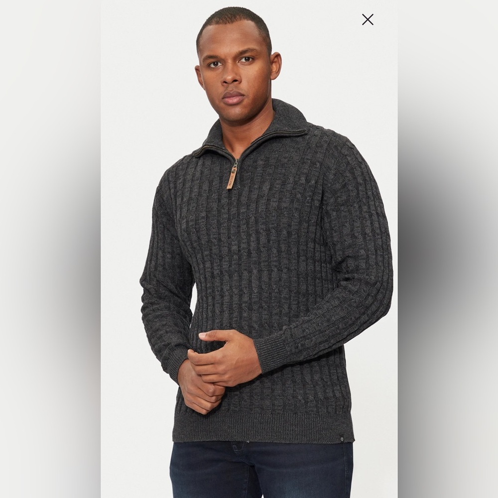 NWT Men's INDICODE Rufus Cotton Cable‎ Knit Charcoal Sweater S Denmark